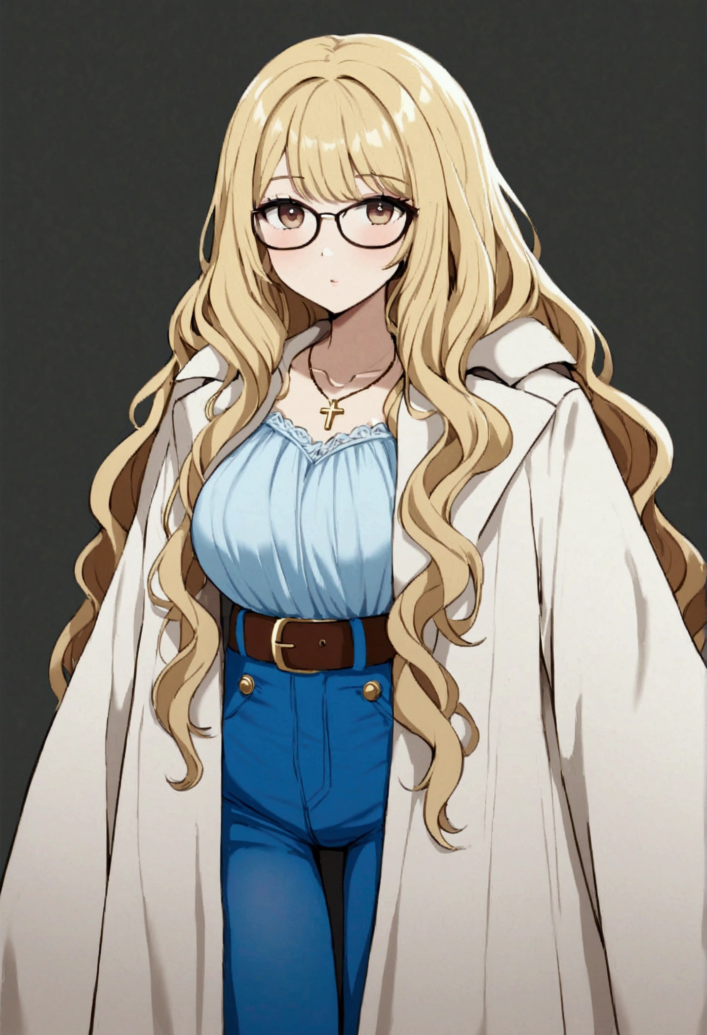 Create a character named Olivia, a 40-year-old aromatherapist specializing in essential oils, with 1,70 meters high and 60kg, white. golden blonde with wavy hair. side hairstyle, at shoulder height, Brown eyes , wears round brown glasses, she is gentle and delicate, wears a light blue shirt, blue jeans with a brown belt and a white long-sleeved doctor&#39;s coat. she has a golden wedding ring on her left ring finger and wears a necklace with a golden crucifix. make her look at the camera, com fundo branco.
