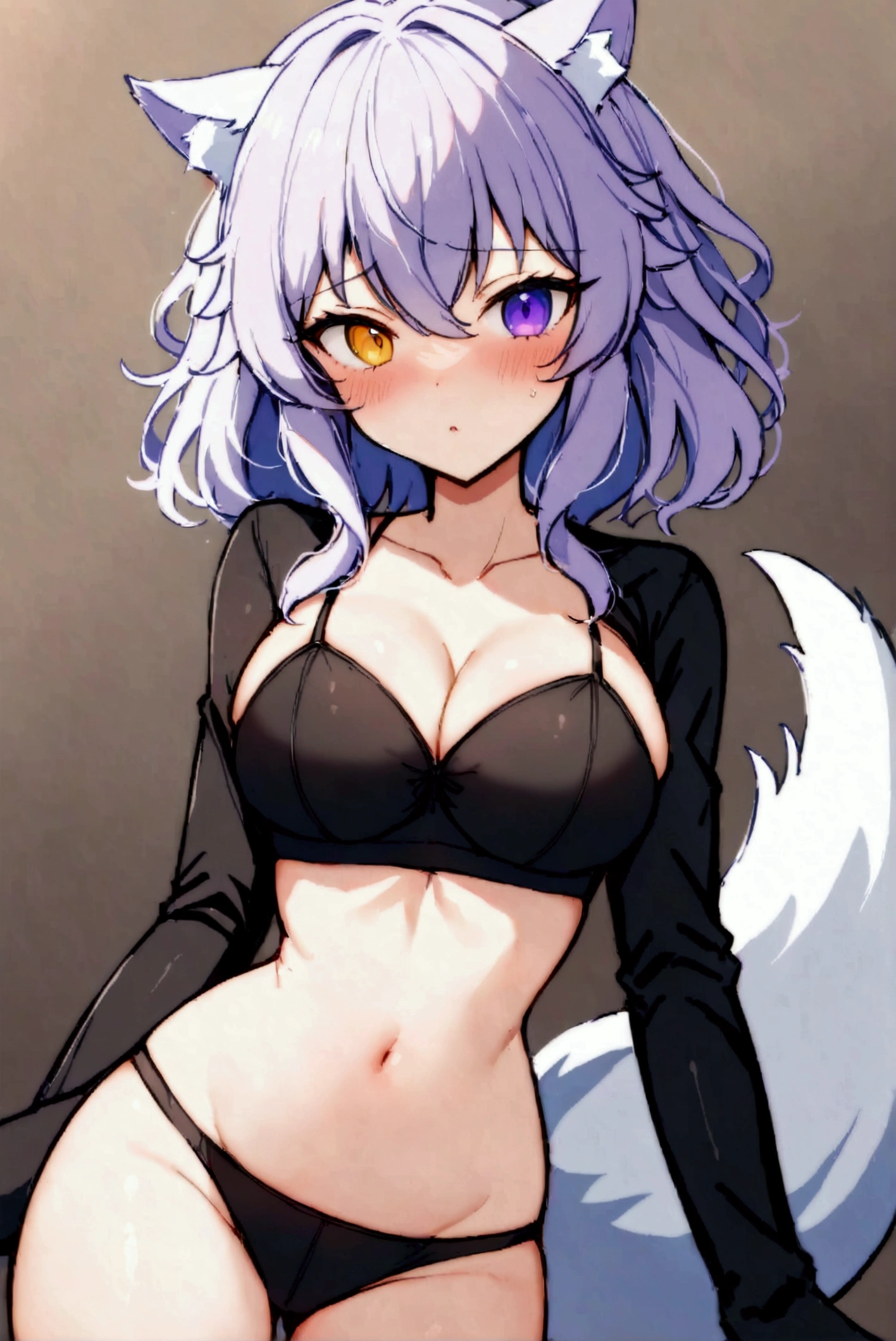  v-neckline, a close up of an ibrid with wolf and shark ears and bra top, catgirl anime, linda catgirl anime, catgirl anime fofa, female fursona, attractive cat girl, anime girl with wolf shark ears, catgirl, neferpitou, I have a shark and wolf tail ((best qualityer)), ((work of art)), (detailded), a hybrid that is half white wolf and half white shark with heterochromia, black and purple hair and black clothes