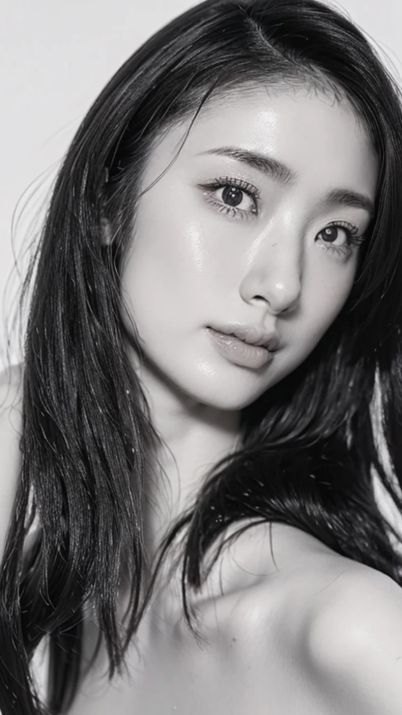 (best quality,ultra-detailed,realistic),(portraits),(black and white),(soft lighting),(Japanese beautiful face),(detailed facial features),(white background),(line drawing),anatomy correct,completely ,perfect nude,essed