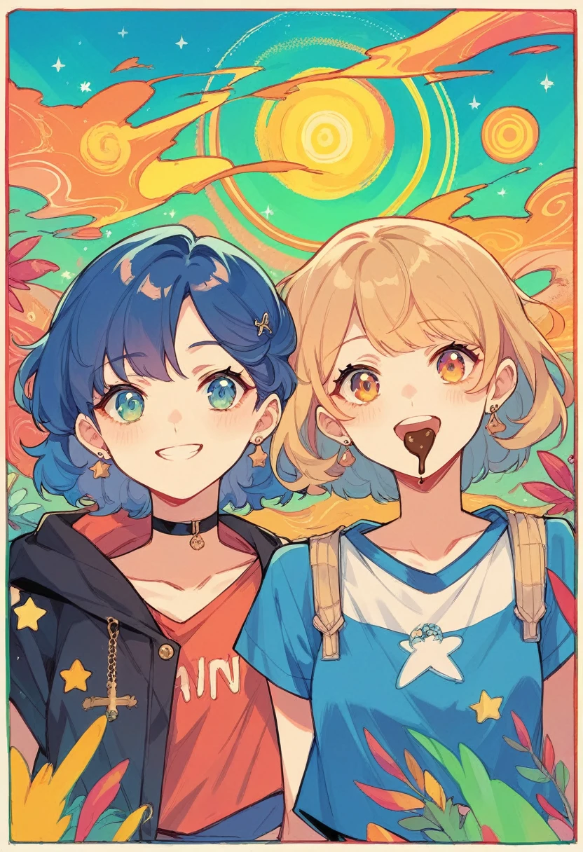 score_9, score_8_up, score_7_up, score_6_up, score_5_up, score_4_up, source_anime, 2girls, psychedelic, nsfw, street clothes, chocolate, poster, france