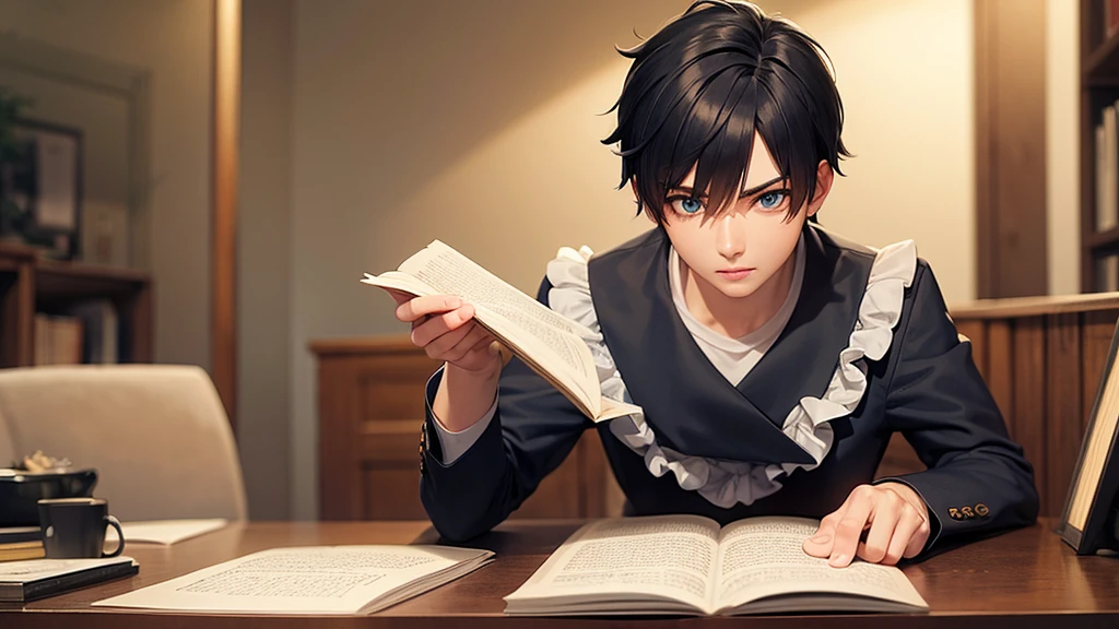 best qualityer: 1.0), (Super high resolution: 1.0), naughty man, short black hair, blue colored eyes,reading book at a table.