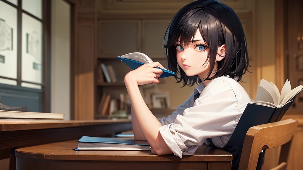 best qualityer: 1.0), (Super high resolution: 1.0), naughty man, short black hair, blue colored eyes,reading book at a table.