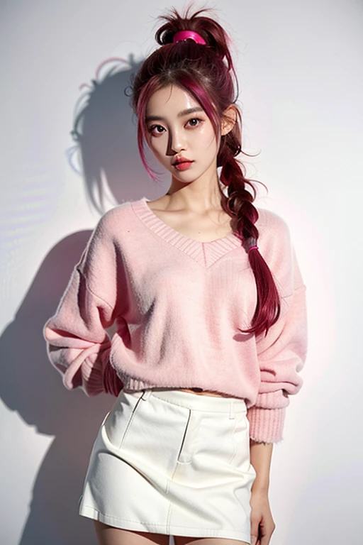 1 girl,sweater,White background, gorgeous korean woman, wearing white skirt and pink korean shirt, photorrealistic, work of art, little makeup, appealing, ssmile,, punk hair, Punk Girl, dainty, brightly dyed hair, eyeliner, Gothic