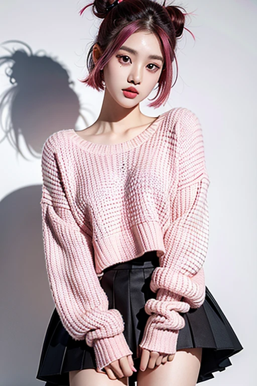 1 girl,sweater,White background, gorgeous korean woman, wearing white skirt and pink korean shirt, photorrealistic, work of art, little makeup, appealing, ssmile,, punk hair, Punk Girl, dainty, brightly dyed hair, eyeliner, Gothic