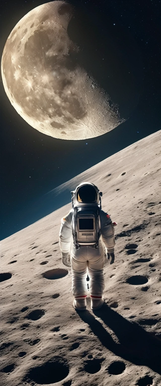 Highest quality,(masterpiece:1.2),Ultra-high resolution,8K,Astronaut woman,,(From the back:1.5),(Wearing a space suit),(From below:1.2,Woman standing on the moon,View the moon's surface before your eyes,The sky is a vast universe),Beautiful Universe,Beautiful Moon Surface,Written boundary depth,Wide Light,Low contrast,Backlight,Sharp focus,Vibrant colors,Dynamic configuration