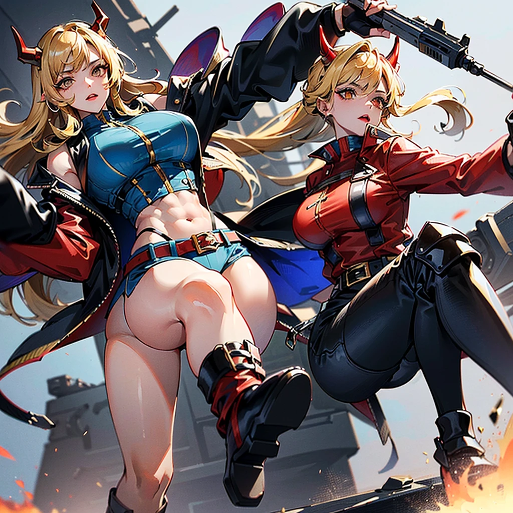 ((best quality)), ((masterpiece)), (detailed), 1girl, 8k_wallpaper, extremely detailed eyes, extremely detailed body, beautiful face, perfect face, detailed ((blonde hair)), (gold eyes), ((large big red and blue horns)), {{dark skin}}, ({dark skinned female}), gigantic breasts, thick thighs, strong arm and leg muscles, strong abdominal muscles, Monster women, Korean women, wearing a modern short black cloth jacket with rolled up sleeves, (wearing heavy gold colored steel cyberpunk armor), a wide red leather belt with blue steel yarn, steel boots, steel thigh guards, a military radio hangs on her belt, a biker girl, she rides on another planet along a lilac field against the backdrop of a blue desert and high red mountains,