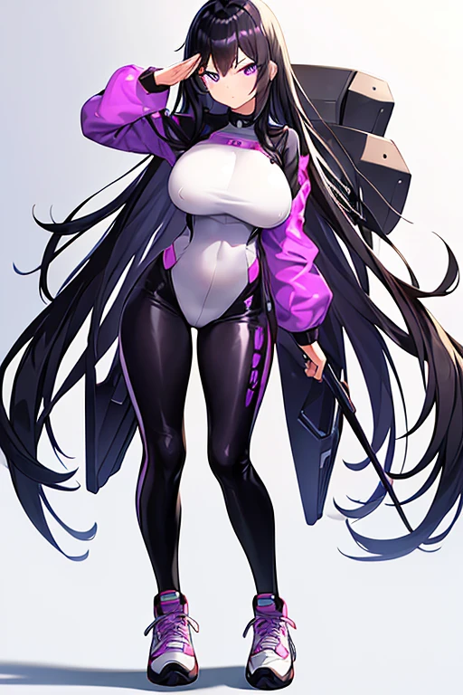 1girl, black hair, long hair, serious, salute, purple eyes, white bodysuit, bodysuit, large breasts, breasts, futuristic, tech, science-fiction, machinery, long sleeves, full body, ((full body)), standing, sneakers, ((standing))