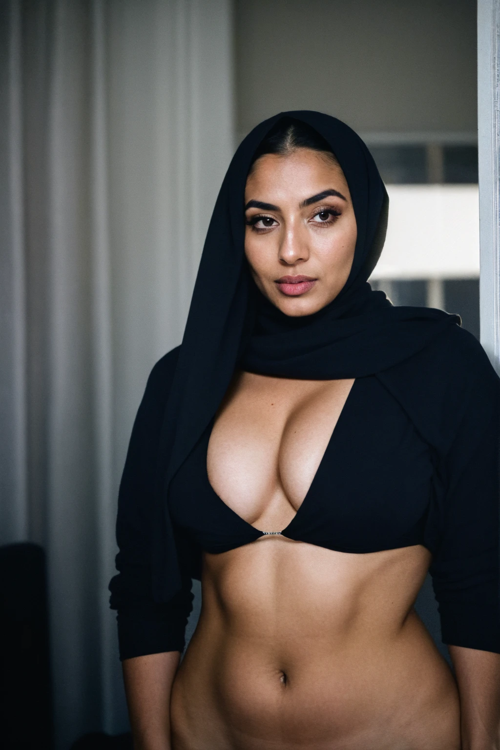 RAW photo,dark,moody,hazy atmosphere,35mm focal lenght,underexposed,cold,candid,portrait,artistic,closeup,portrait of a beautiful,influencer,30yo Iranian woman,hijab,detailed skin,fully naked,looking at viewer, thick body,candid pose,dim room,blue light, film grain, kodak color, instagram LUT