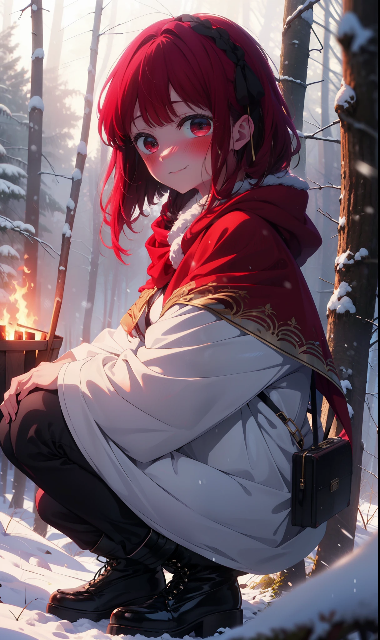 canary, Arima etc..., Long Hair,bangs, (Red eyes:1.3), Redhead, smile,Small breasts,ribbon,smile,blush,White Breath,
Open your mouth,snow,Ground bonfire, Outdoor, boots, snowing, From the side, wood, suitcase, Cape, Blurred, , forest, White handbag, nature, Squat, Mouth closed, Cape, winter, Written boundary depth, Black shoes, red Cape break looking at viewer, Upper Body, whole body, break Outdoor, forest, nature, break (masterpiece:1.2), Highest quality, High resolution, unity 8k wallpaper, (shape:0.8), (Beautiful and beautiful eyes:1.6), Highly detailed face, Perfect lighting, Highly detailed CG, (Perfect hands, Perfect Anatomy),