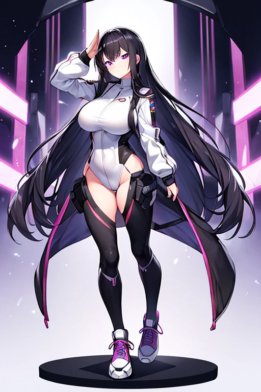 1girl, black hair, long hair, serious, salute, purple eyes, white bodysuit, bodysuit, large breasts, breasts, futuristic, tech, science-fiction, machinery, long sleeves, full body, ((full body)), standing, sneakers, ((standing))