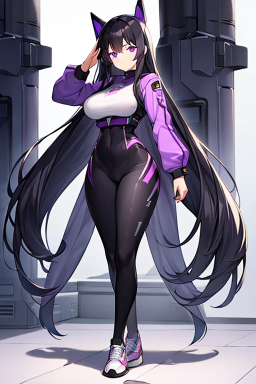 1girl, black hair, long hair, serious, salute, purple eyes, white bodysuit, bodysuit, large breasts, breasts, futuristic, tech, science-fiction, machinery, long sleeves, full body, ((full body)), standing, sneakers, ((standing))