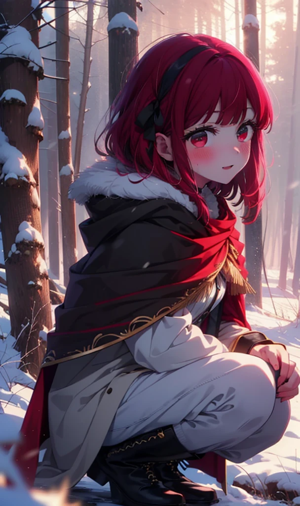 canary, Arima etc..., Long Hair,bangs, (Red eyes:1.3), Redhead, smile,Small breasts,ribbon,smile,blush,White Breath,
Open your mouth,snow,Ground bonfire, Outdoor, boots, snowing, From the side, wood, suitcase, Cape, Blurred, , forest, White handbag, nature, Squat, Mouth closed, Cape, winter, Written boundary depth, Black shoes, red Cape break looking at viewer, Upper Body, whole body, break Outdoor, forest, nature, break (masterpiece:1.2), Highest quality, High resolution, unity 8k wallpaper, (shape:0.8), (Beautiful and beautiful eyes:1.6), Highly detailed face, Perfect lighting, Highly detailed CG, (Perfect hands, Perfect Anatomy),