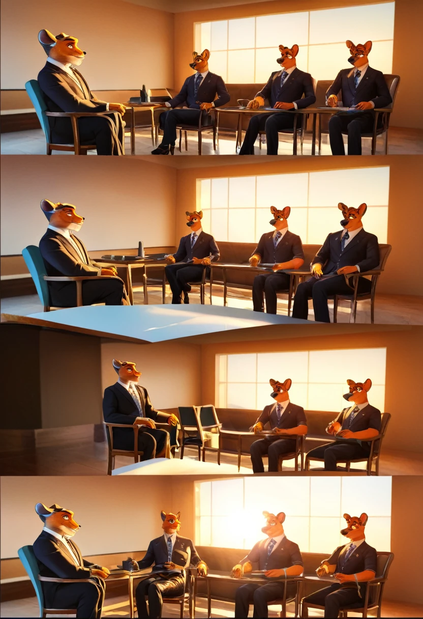 highres, top quality, best quality, paid reward available, High-quality illustrations, unparalleled masterpiece, salary man sitting on chair, fully posable, neutral pose, thinking pose(furry anthro)absurdres(highly detailed beautiful face and eyes)perfect anatomy, expression, caustics, dynamic lighting, lens flare, cinematic shadow, assorted poses, cinematic angle,
