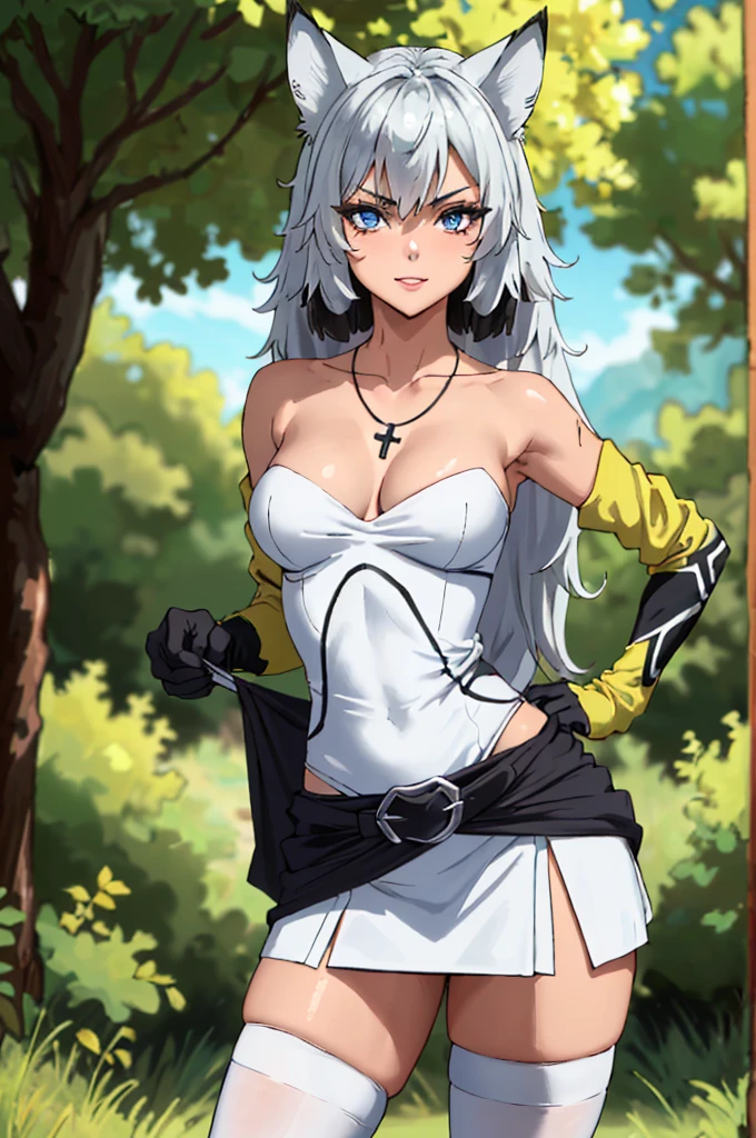 (masterpiece, best quality, ultra detailed, absurdres:1.5), 1girl, (sexy, beautiful woman, perfect face, perfect eyes, perfect female body, medium breasts:1.5), (white shirt, long hair, gray hair, cat ears, necklace, yellow waist cape, detached sleeves, black miniskirt, (white thighhighs:1.3), cat tail, black gloves, ), (standing, outdoors, forest), perfect lighting, smooth, hdr