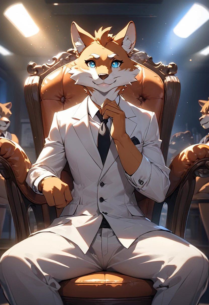 highres, top quality, best quality, paid reward available, High-quality illustrations, unparalleled masterpiece, salary man sitting on chair, fully posable, neutral pose, thinking pose(furry anthro)absurdres(highly detailed beautiful face and eyes)perfect anatomy, expression, caustics, dynamic lighting, lens flare, cinematic shadow, assorted poses, cinematic angle,