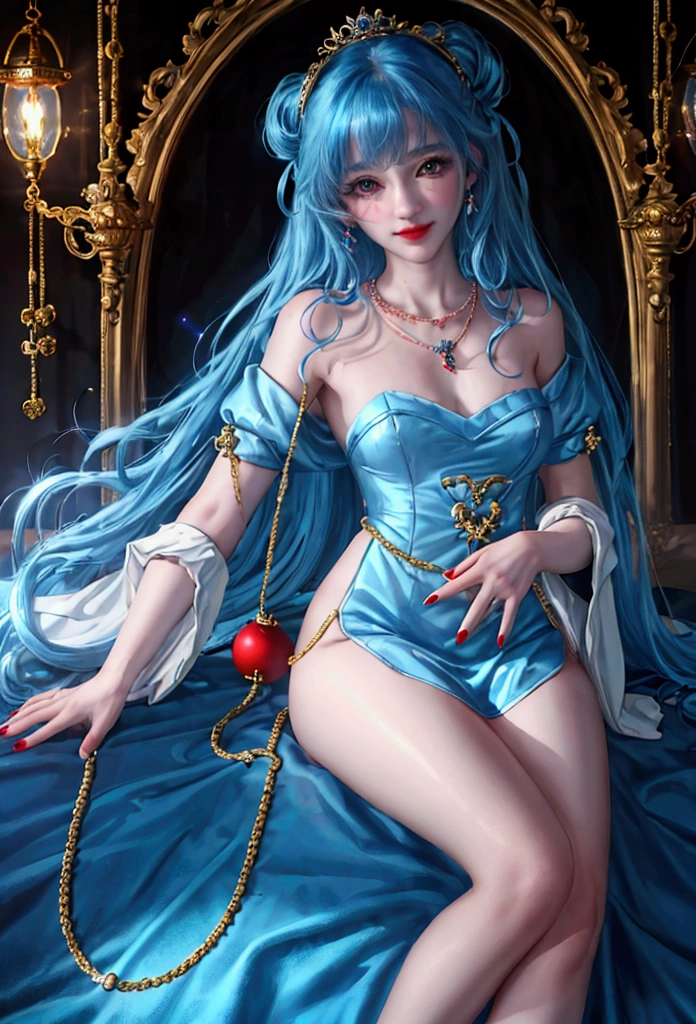 ((Top quality、8K、masterpiece:1.3))、Very charming girl,Blue Hair,Red nose,Small nose,Smiling arc mouth,Wearing a bell necklace,Light blue hair,Long flowing hair。full-body shot,The camera focuses on the bell necklace and clothing details,Bright Light,