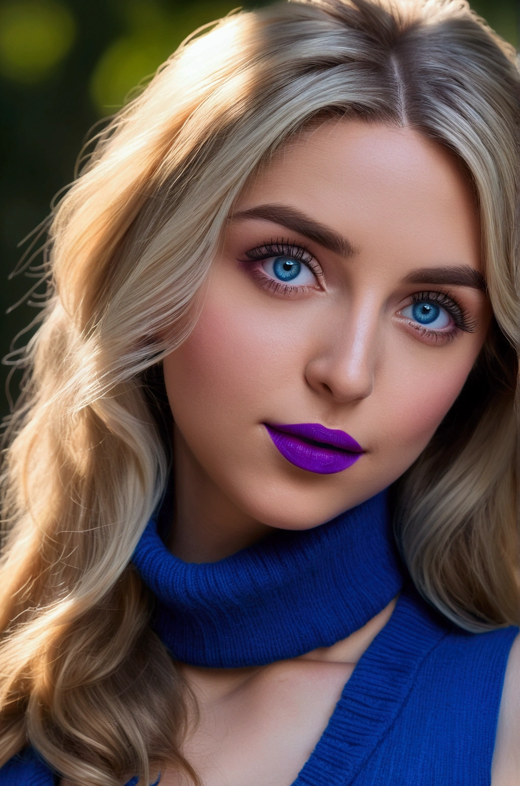 Violet Hair, (Best Quality, 4k, 8k, high resolution, Masterpiece: 1.2), ultra detailed, (realist, fotorrealist, fotorrealist: 1.37), (Beautiful detailed eyes, beautiful detailed lips, extremely detailed eyes and face: 1.5), (Ambient lighting: 1.5), physics based rendering, vivid colors, (big tits, supergrandes, superextragrandes: 1.5), (blue color sleeveless turtleneck sweater: 1.5), (natural smile: 1.5), (color de violet hair, hair blowing in the wind, shiny hair, shiny skin), (park, blurred background: 1.37), (tilts head to one side: 1.5), Brown hair, violet hair, violet hair, blond hair, Blonde, long,