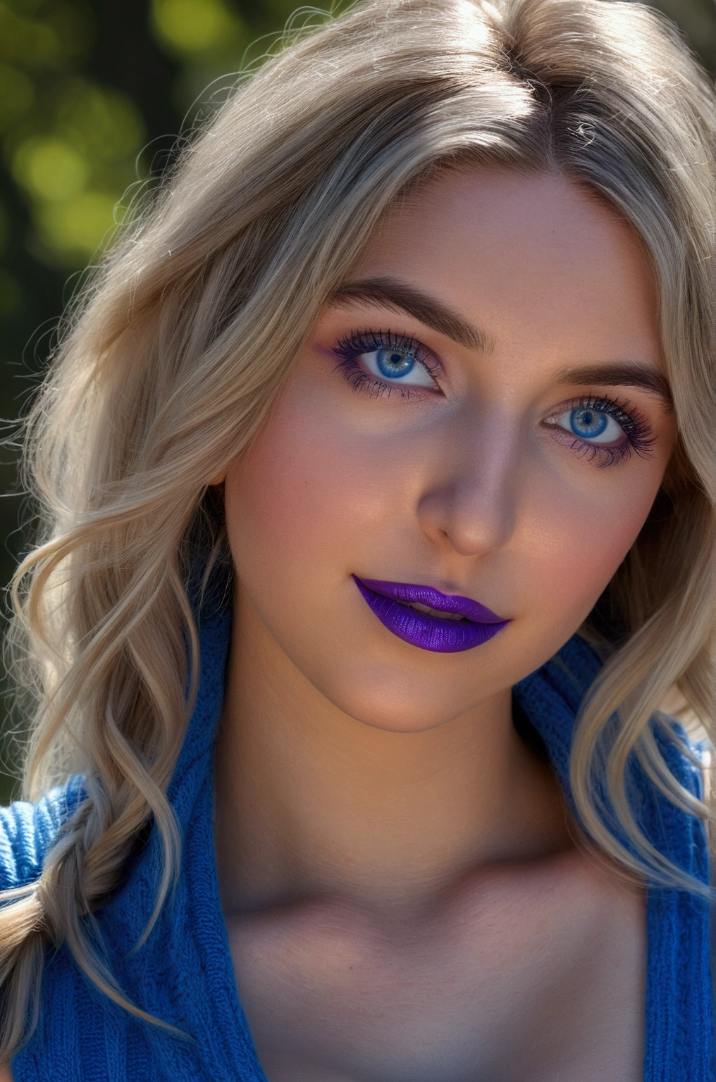 Violet Hair, (Best Quality, 4k, 8k, high resolution, Masterpiece: 1.2), ultra detailed, (realist, fotorrealist, fotorrealist: 1.37), (Beautiful detailed eyes, beautiful detailed lips, extremely detailed eyes and face: 1.5), (Ambient lighting: 1.5), physics based rendering, vivid colors, (big tits, supergrandes, superextragrandes: 1.5), (blue color sleeveless turtleneck sweater: 1.5), (natural smile: 1.5), (color de violet hair, hair blowing in the wind, shiny hair, shiny skin), (park, blurred background: 1.37), (tilts head to one side: 1.5), Brown hair, violet hair, violet hair, blond hair, Blonde, long, 