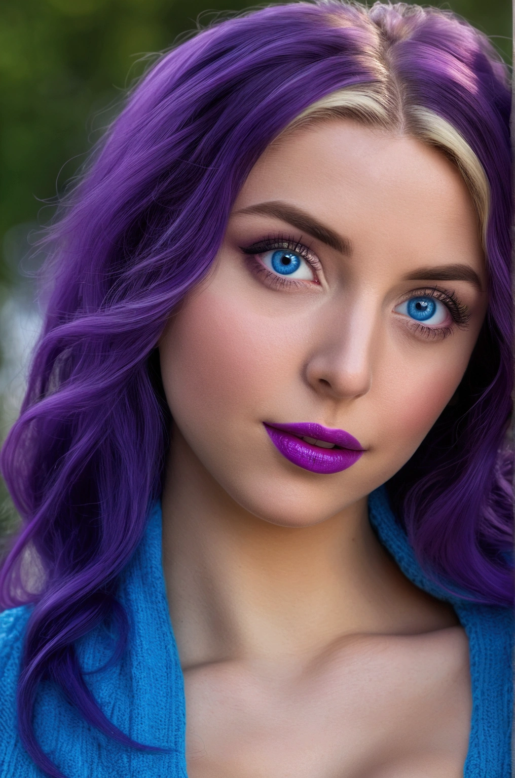Violet Hair, (Best Quality, 4k, 8k, high resolution, Masterpiece: 1.2), ultra detailed, (realist, fotorrealist, fotorrealist: 1.37), (Beautiful detailed eyes, beautiful detailed lips, extremely detailed eyes and face: 1.5), (Ambient lighting: 1.5), physics based rendering, vivid colors, (big tits, supergrandes, superextragrandes: 1.5), (blue color sleeveless turtleneck sweater: 1.5), (natural smile: 1.5), (color de violet hair, hair blowing in the wind, shiny hair, shiny skin), (park, blurred background: 1.37), (tilts head to one side: 1.5), Brown hair, violet hair, violet hair, blond hair, Blonde, long, 