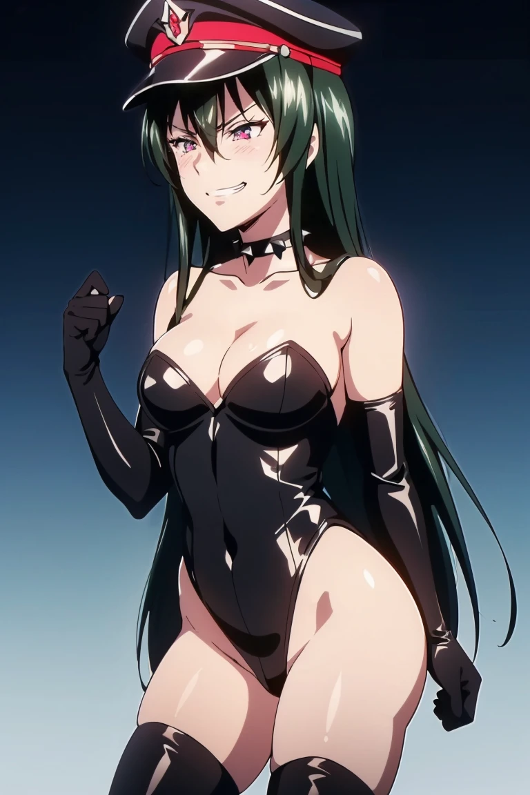 (((grinning lasciviously))), seductive anime girl, (((nefarious smirk))), [[[[grinning evily]]]], beautiful, masterpiece, ultra detailed, extremely detailed, ultra high res, 8k, beautiful detailed face, anime screencap, heart shaped face woman, (black hair:1.2), long hair, hair between eyes, large , fearless face, sharp face, slant eyes, cat eyes, 170cm tall, (((adult))), perfect proportion, (((black high-leg leotard))), (((dare shoulder))), cleavagigh boots))), (((spiked choker))), (((military cap))), anime style, ultra detailed beautiful face and eyes, front view, raw photo, incredibly absurdres, Beautiful portrait of cute anime girls, super fine illustration, full-hd, hdr, best aesthetic, distinct, exquisite, masterwork, by famous artist, highers, (((perfect anatomy))), mocking, (((rape face))), (il grin))), intense eyes, sadistic, gleaming oil skin, slut face, (((full-face blush))), smirking, mischievous grin, furrowed mouth, both legs, pouty lips, downturned corners, rosy hue, grin widely, cheeky smirk, (((bad-tempered glare))), gloating, crazy smile, scary face, cruel smile, fang, connected teeth,, (((elbow gloves))), (((big connected teeth)), glare, grimace, smirk, (((scowling face))), smile broadly, symmetrical eyes, even eyes, perfect eyes, (((squinting eyes))), deep detailed eyes, shiny clothes, 1girl, solo, smug, smile grimly, (((dimpled smile))), pink eyes, (((cowboy shot))), (((laugh))), (((pleasure face))), (((brutality face))), (((scary face))), (((empty eyes))), anime best girl, [[[[grinning evily]]]], anime moe artstyle, collarbone, dare collarbone, cg unity 8k wallpaper, 