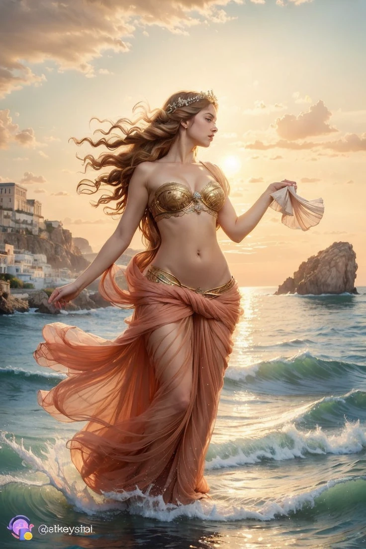 In style of FHM/Guess Marciano fashion model,Create a detailed image of a California hippie pretty beautiful gorgeous mix Balinese/British woman, perfect anatomy,dark skin,dark wavy hair with natural highlights, necklaces and bracelets.Art by Ana Dias, Hajime Sorayama, Nobuyoshi Araki.