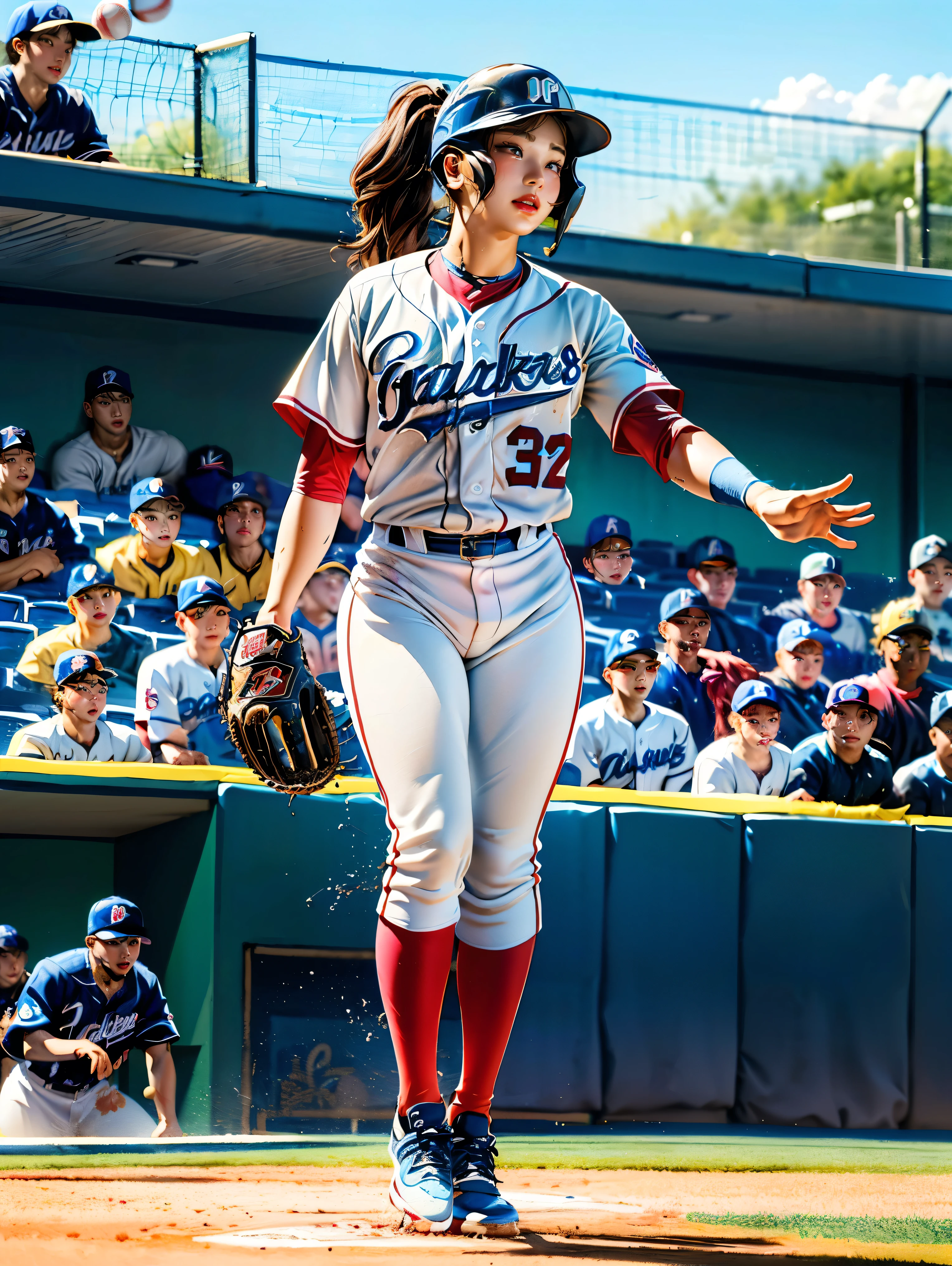 (Best quality, watercolor painting, colorful, sharp focus), (full body, wide angle shot), (1 cute Japanese girl), ((Baseball athlete):1.1), (Nana Komatsu), Jackson Pollock action painting, kinetic expression, colorful hair, (Splash and Drip Art Minimalism:1.1), koshien stadium background, style painting magic