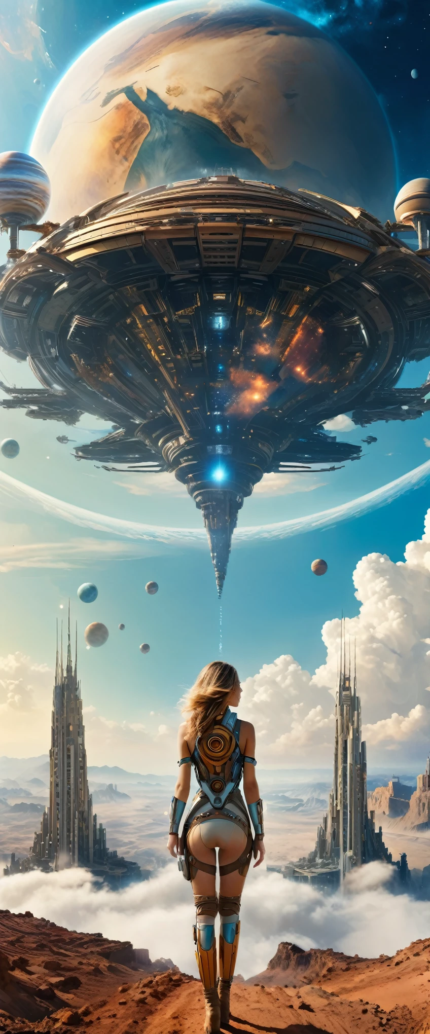 Highest quality,(masterpiece:1.2),Ultra-high resolution,Raw color photography,8K,Vast landscape photography,Realistic photos,Elaborate photos,A woman living on a machine planet,,(From the back:1.5),(From below:1.2,A woman on a planet of machines,A vast building spreads out before your eyes,city of machines,The sky is a vast universe,blue sky),Written boundary depth,Wide Light,Low contrast,Backlight,Sharp focus,Vibrant colors,Dynamic configuration