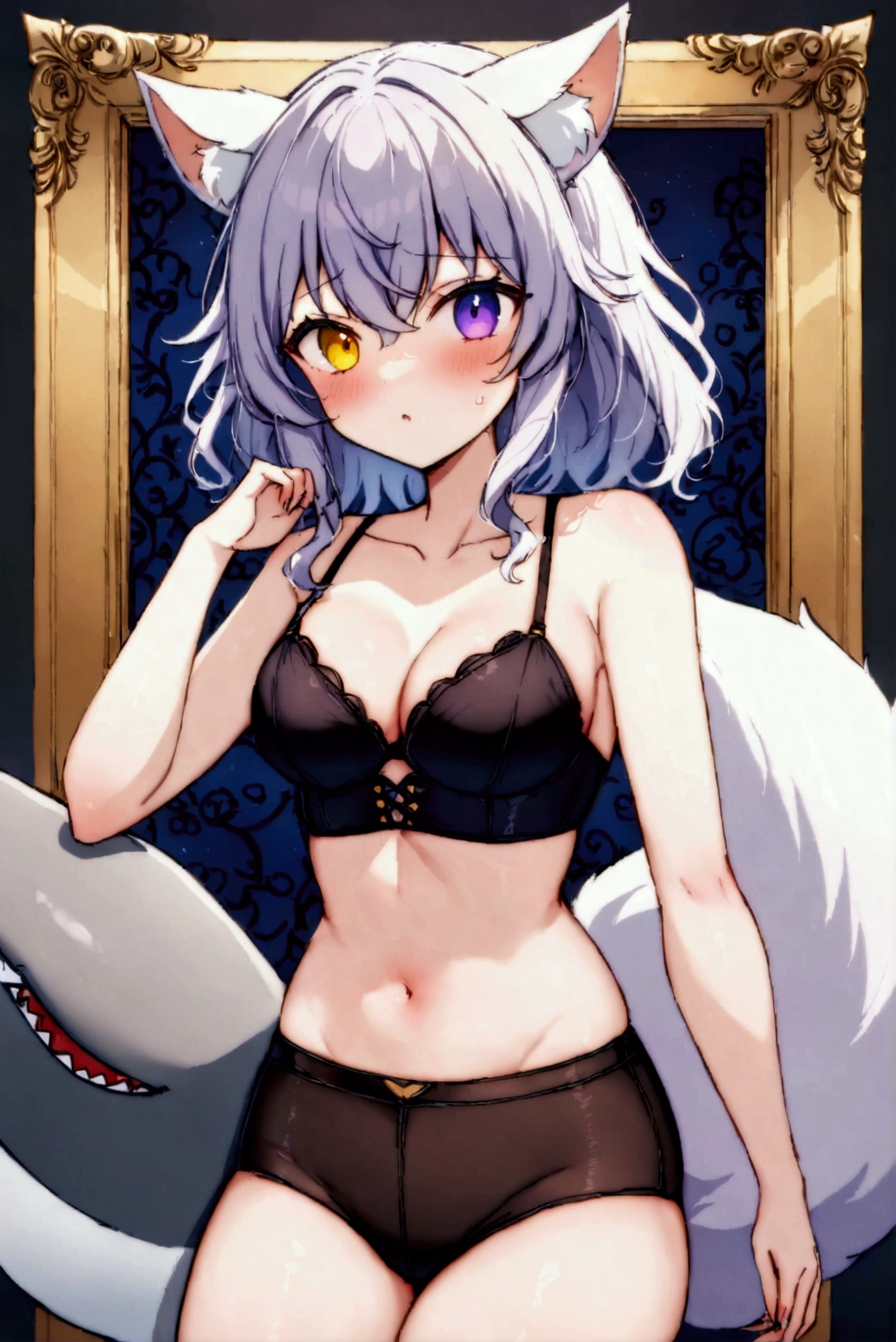 v-neckline, a close up of an ibrid with wolf and shark ears and bra top, catgirl anime, linda catgirl anime, catgirl anime fofa, female fursona, attractive cat girl, anime girl with wolf shark ears, catgirl, neferpitou, I have a shark and wolf tail ((best qualityer)), ((work of art)), (detailded), a hybrid that is half white wolf and half white shark with heterochromia, black and purple hair and black clothes