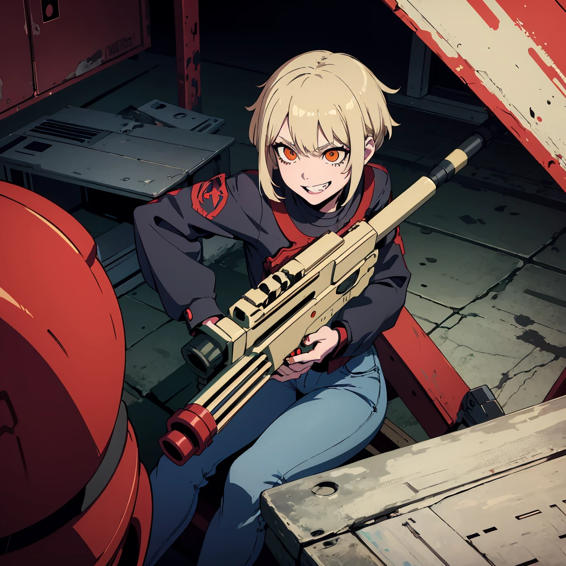 Anime girl, Short blonde hair with red highlights, Pointed teeth, macabre smile, black shirt with print, Jeans, personalized machine gun, white wall, Graffiti, Yellow and red green paint.