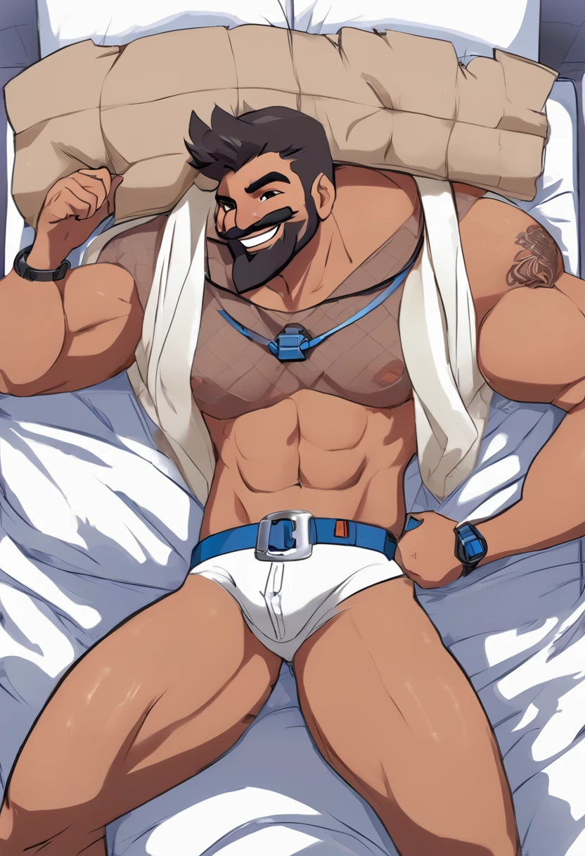 leon, gray beard, gray mustache on the nose, DILF, seductive, looking at the viewer, SMILE, loose boxers with white and blue checks , White shirt, shirt with harness, (posing) masculine, Alone, Anthro, gordo, Large size, Thick, cell shading, in bed lying down, whole body, From above, con la mano izquierda agarrando un preservativo masculine, with right hand touching the package