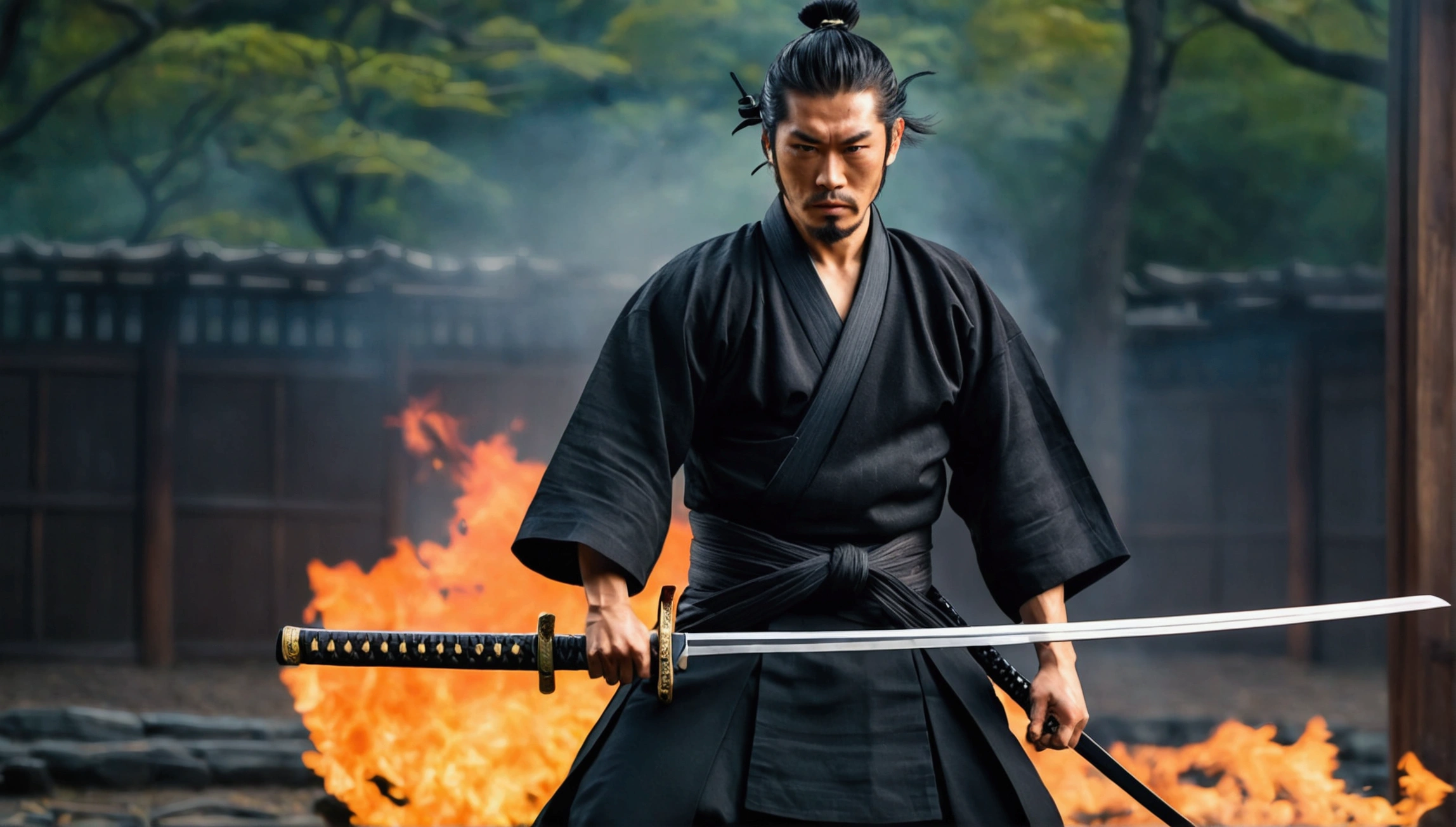Samurai with a sword, Realistic effect of wearing black hakama, Blur the background, 8K, Burning Fire,