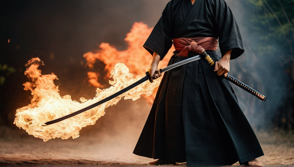 Samurai with a sword, Realistic effect of wearing black hakama, Blur the background, 8K, Burning Fire,