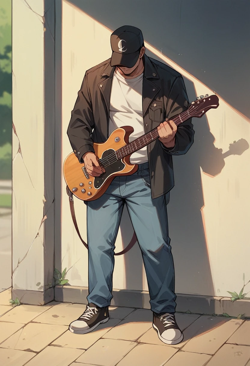 An adult man wearing a hat stands pensive and sad on the sidewalk while holding a guitar