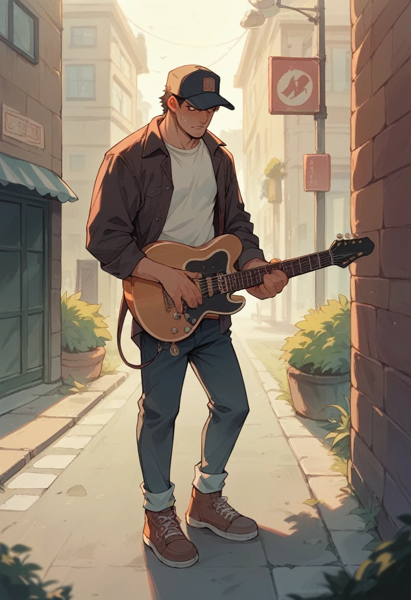 An adult man wearing a hat stands pensive and sad on the sidewalk while holding a guitar