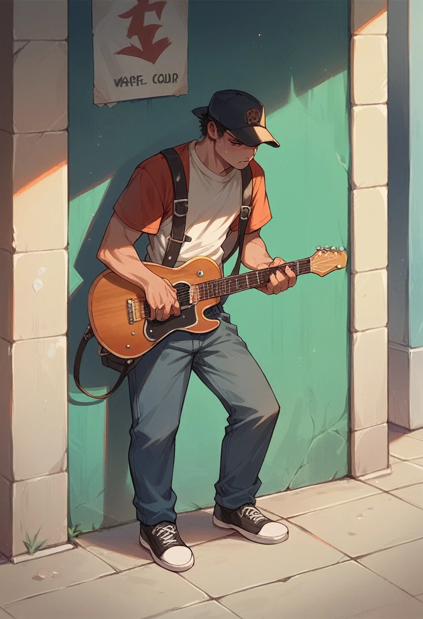 An adult man wearing a hat stands pensive and sad on the sidewalk while holding a guitar