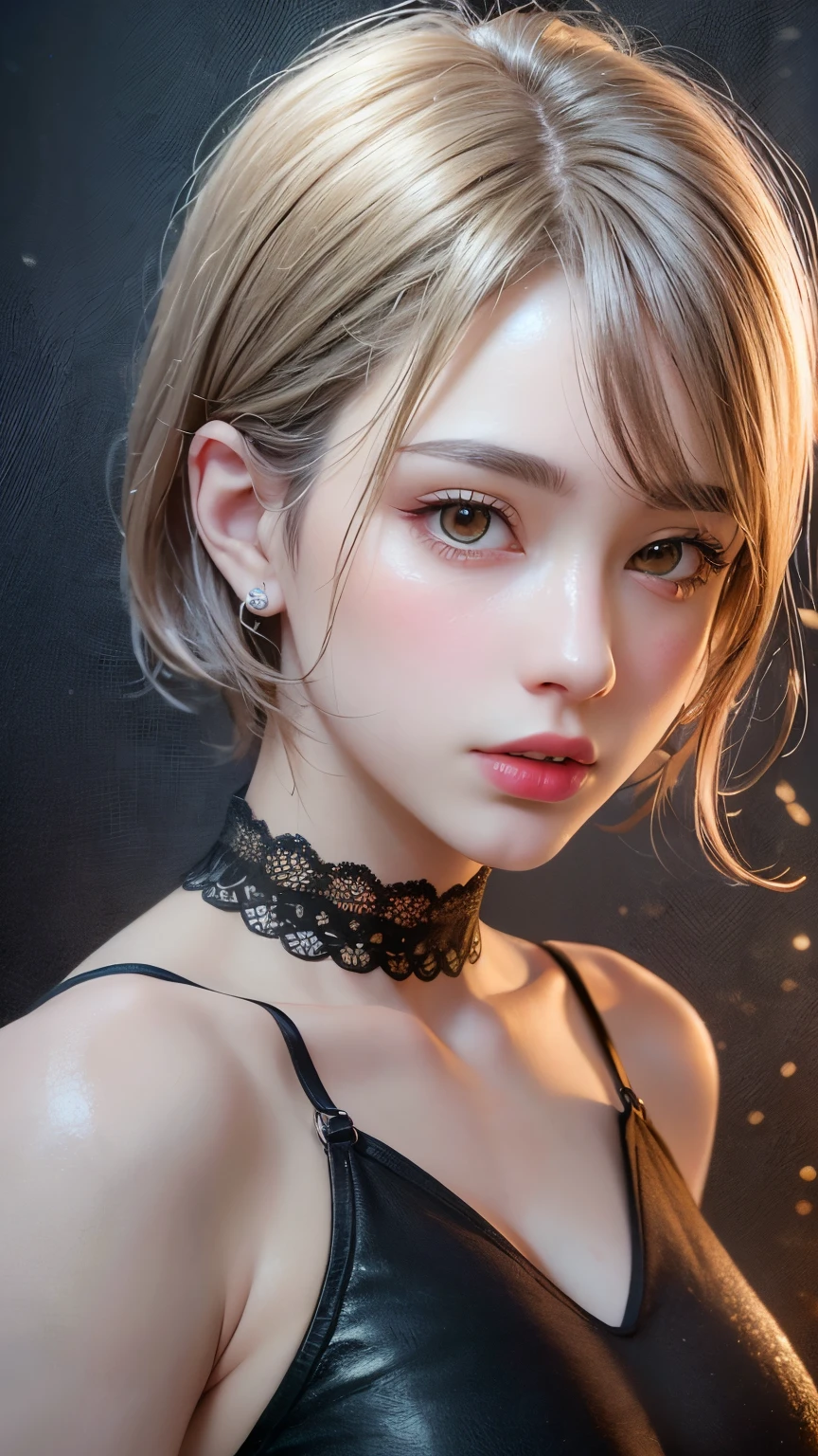 Masterpiece hyperrealist & Photorealistic beautiful girl, Realistic Skin (Pore-filled skin) Short Bob Cut Hair, Realistic red lips,Punk Girl, (head shot:1.5),Shorts