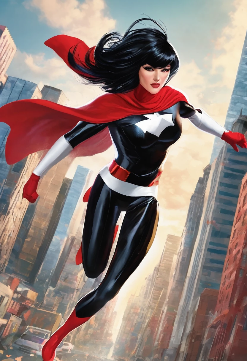 a superhero with black hair and long bangs, a red and white costume with a red cape, turtleneck and red gloves, flying around the city