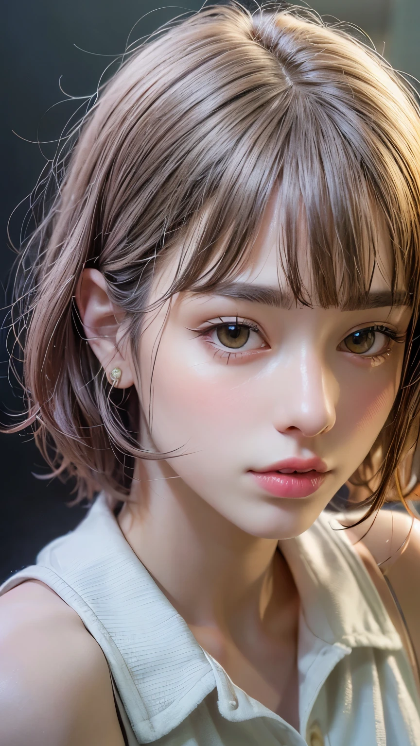 Masterpiece hyperrealist & Photorealistic beautiful girl, Realistic Skin (Pore-filled skin) Short Bob Cut Hair, Realistic red lips,Punk Girl, (head shot:1.5),Shorts