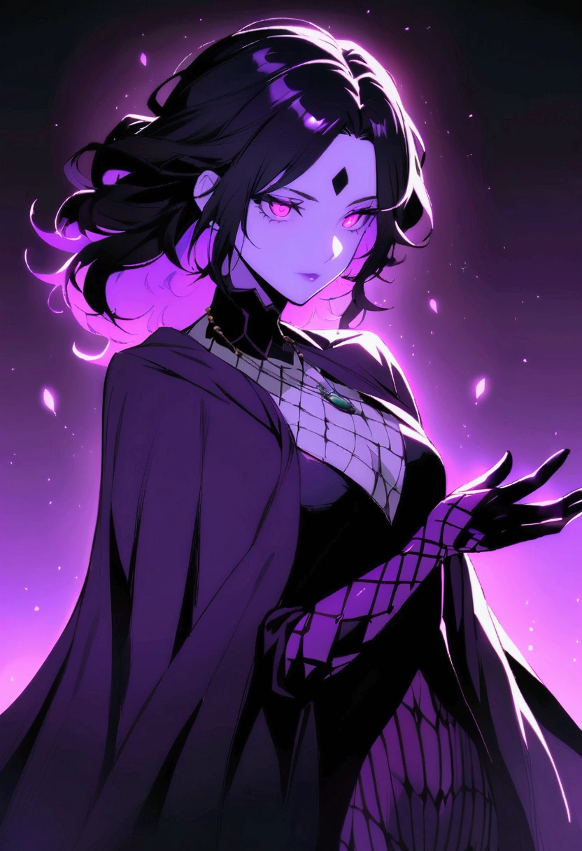 An anime-style female character named Gamora, anti-villain with mystical powers. She has long, wavy black hair, bright purple eyes, and pale skin with an ethereal purple aura. Gamora wears elegant, dark clothing with arcane patterns in shades of purple, including a cloak that moves like shadows. She wears a necklace with an obsidian amulet. Gamora is in a confident and mysterious pose, surrounded by shadows that appear vivid with a purple hue
