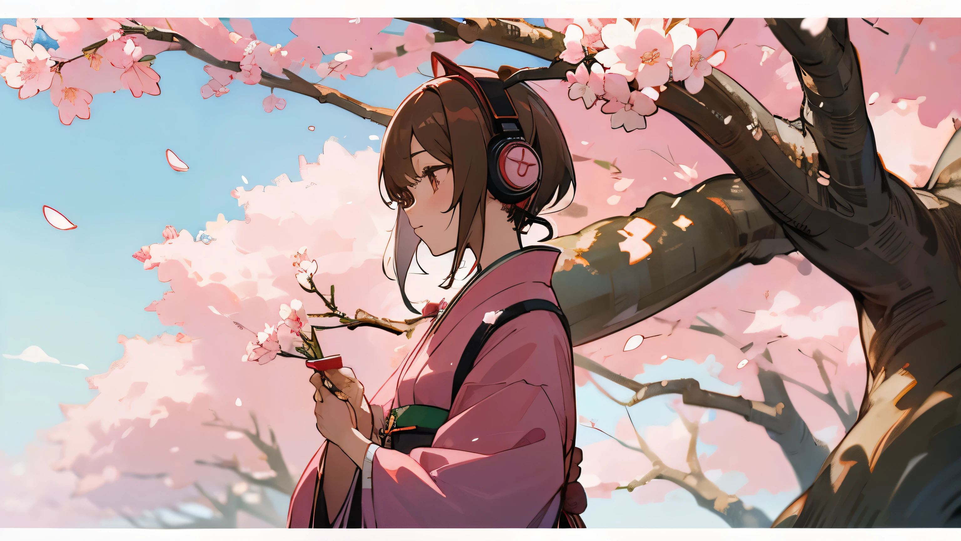 Japanese anime style、A girl wearing a dress and headphones under a cherry blossom tree