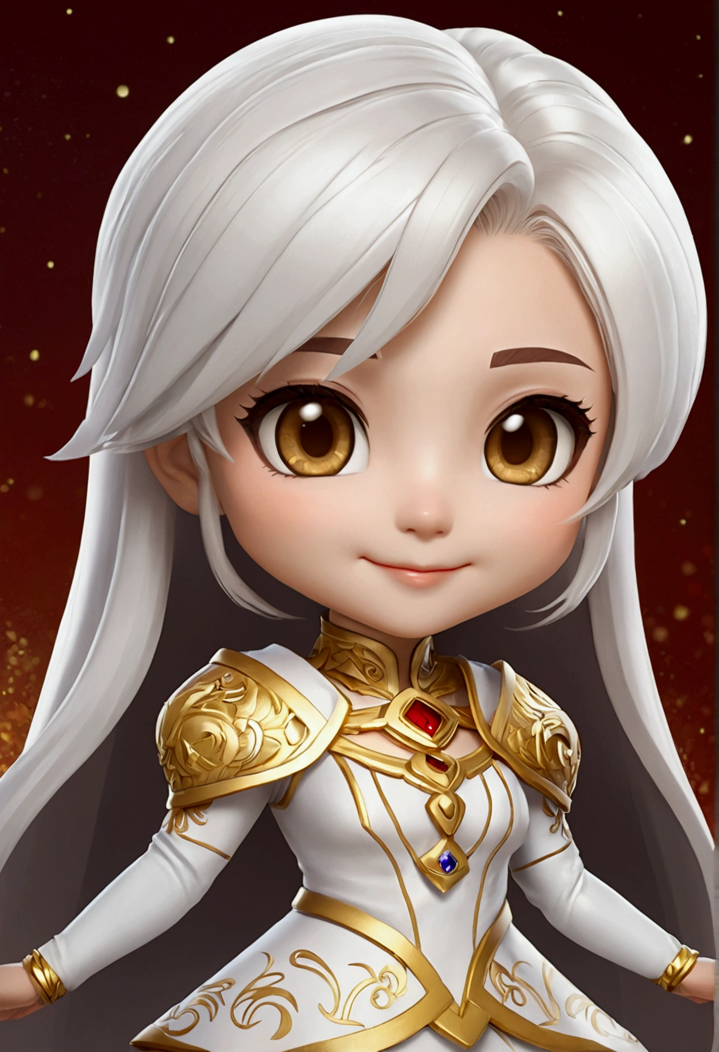 MAKE A CHIBI CHARACTER WITH JUST THE FACE WITH WHITE HAIR AND GOLDEN EYES AND SMILING