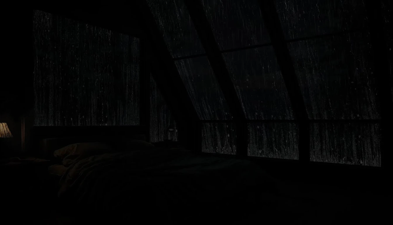 arafed view of a bed in a dark room with a window, rain aesthetic, dark bedroom, rainy night, raining at night, dark glowing rain, late night raining, dark and moody aesthetic, strong rain night, rainy evening, extremely gloomy lighting, dimly lit bedroom, rainy day. game render, dark hazy room, rain. hyper detailed