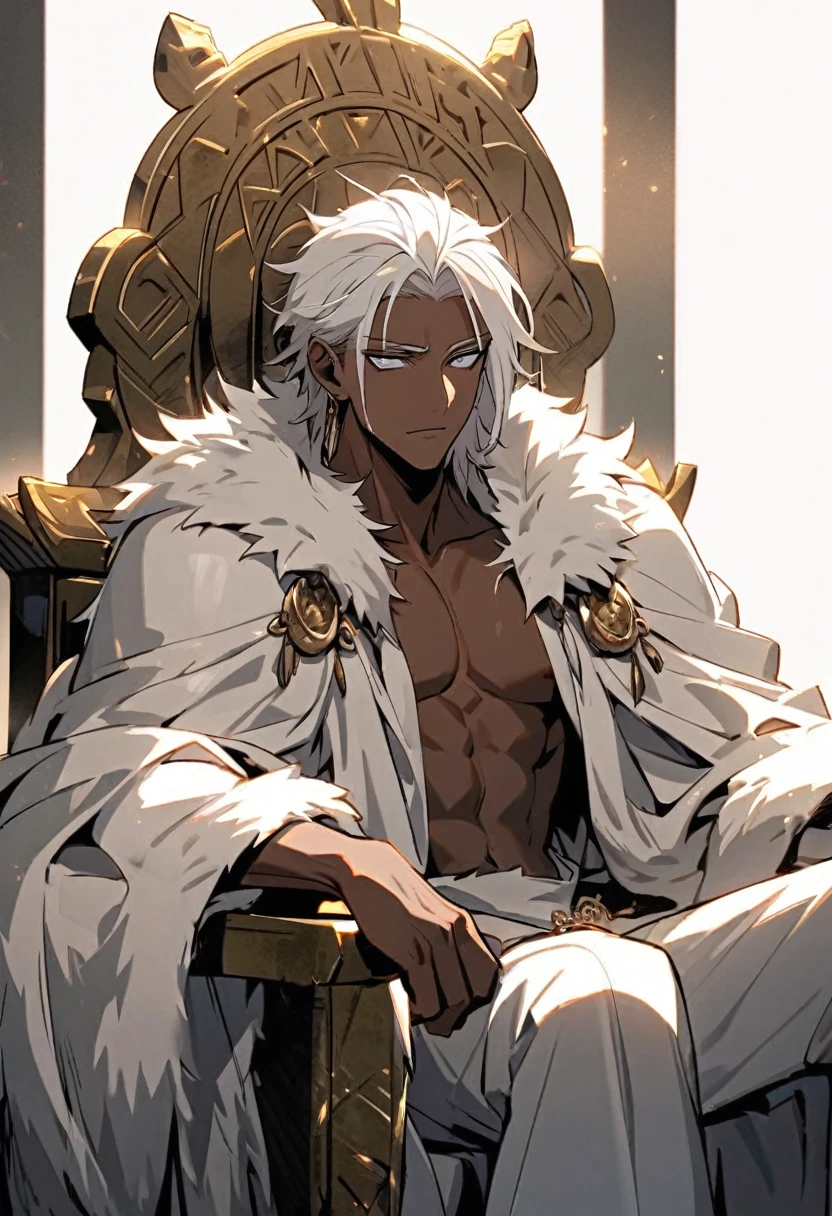 Handsome, solo, 1 male, African man, short wild white hair, silver eyes, no shirt, white lion cloak, looking at an empty throne