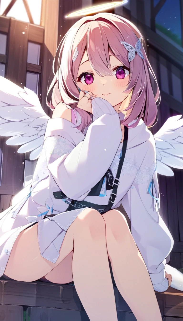 one girl, angel, angel wing, angel ring, cute, naive, beautiful