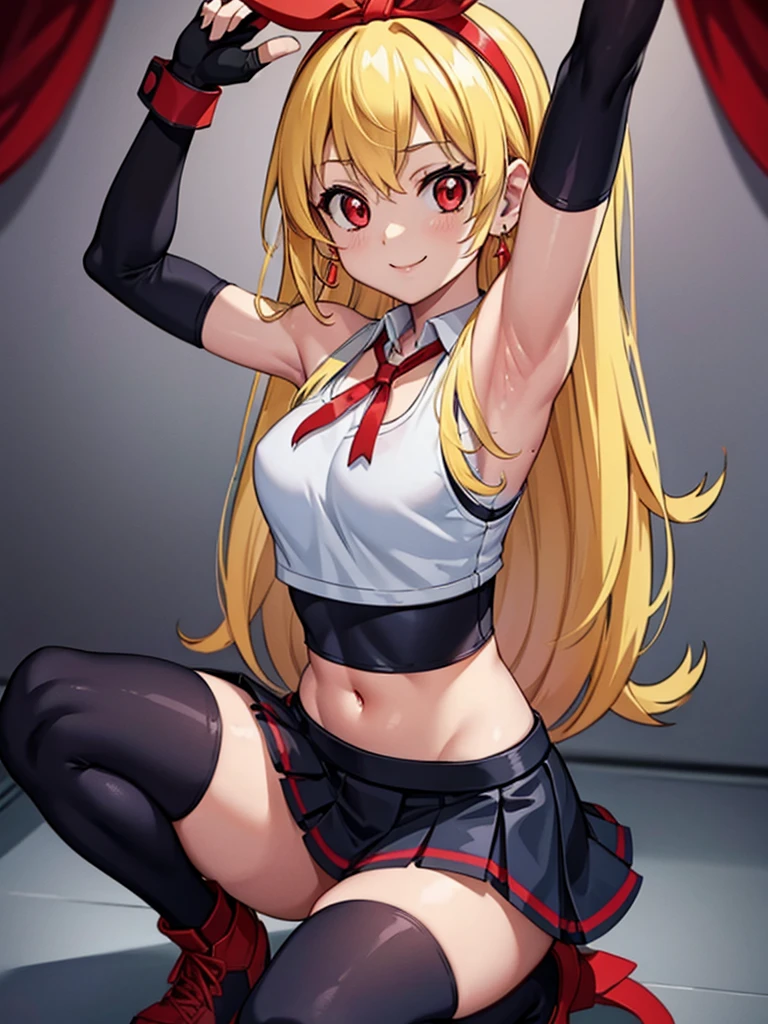 (RED Ribbon on HAIRband:1.2),a young anime character sitting and pointing her finger down towards the camera, 1girl, solo, long hair, Small breasts, cosplay, skirt, tifa lockhart, thighhighs, jewelry, armpits, navel, arms up, crop top, blonde hair, looking at viewer, black skirt, earrings, gloves, smile, underwear, panties, squatting, red eyes, fingerless gloves, midriff