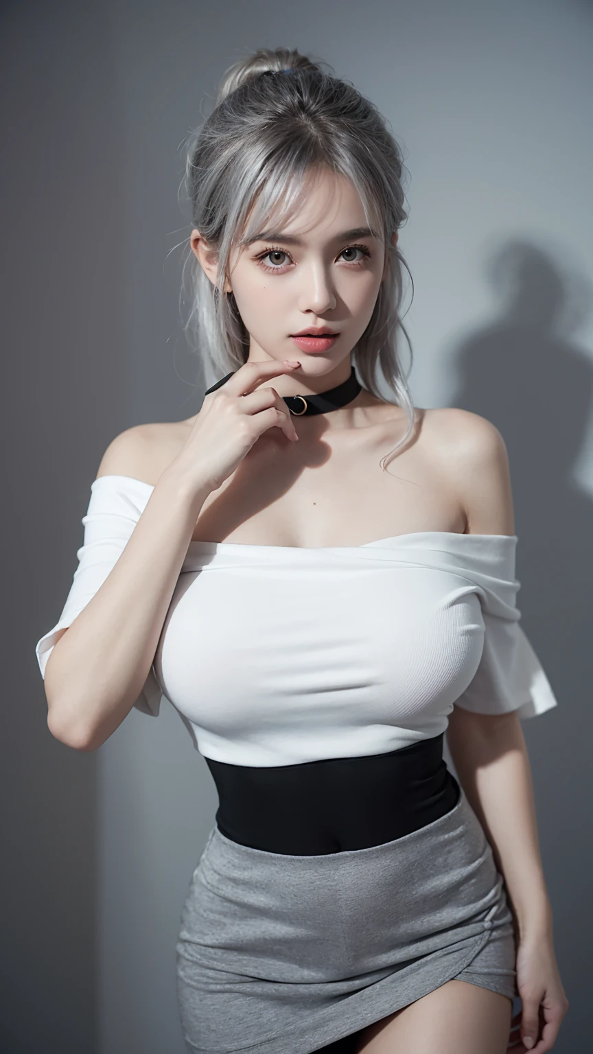 Highest quality, Ultra-high resolution, (Realistic:1.4), One girl, off-the-shoulder white shirt, Black tight skirt, Black Choker, (Faded grey hair:1), (Huge breasts:1.2), View your viewers, close , Random pose