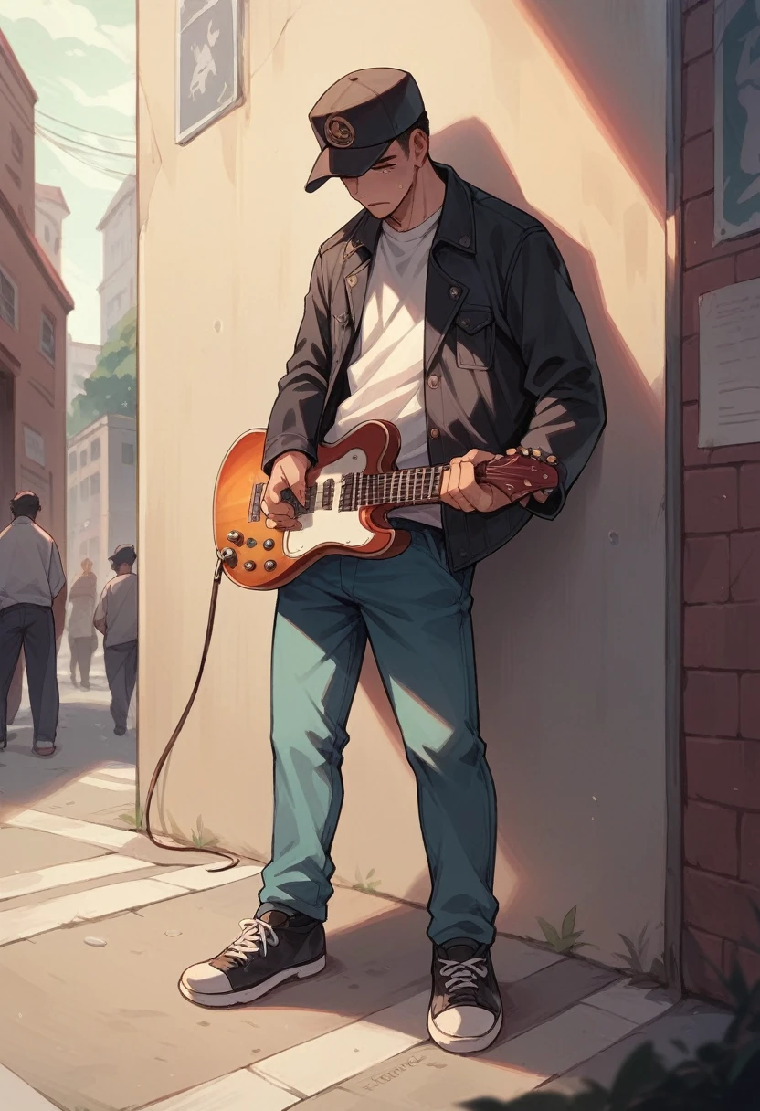 An adult man wearing a hat stands pensive and sad on the sidewalk while holding a guitar