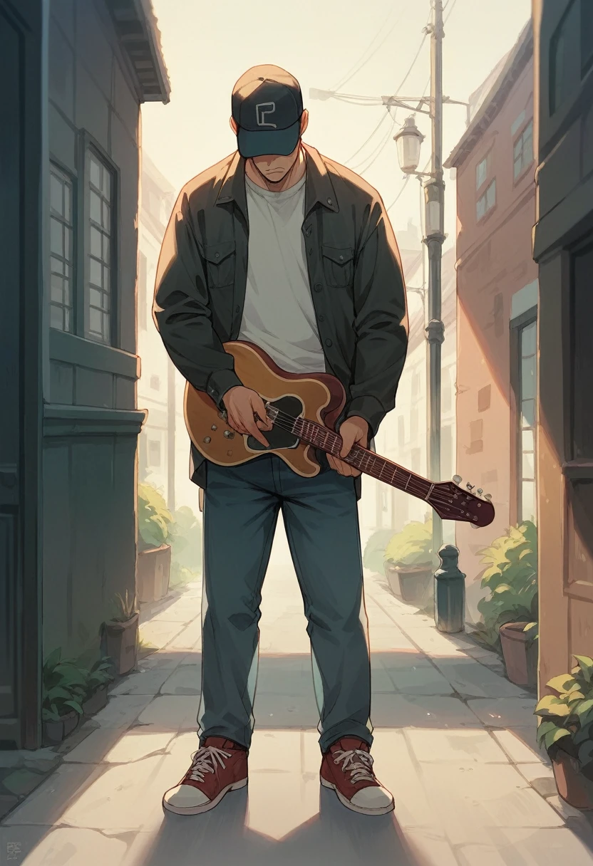 An adult man wearing a hat stands pensive and sad on the sidewalk while holding a guitar