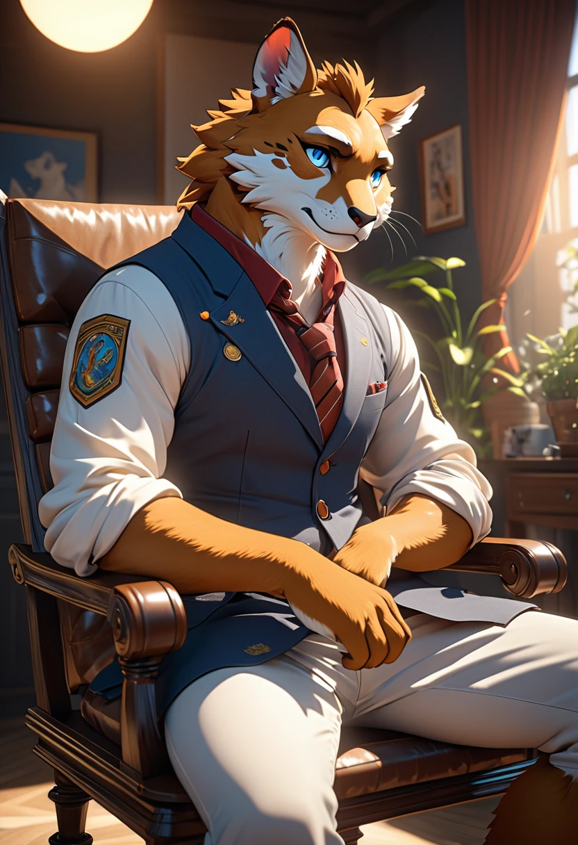 highres, top quality, best quality, paid reward available, High-quality illustrations, unparalleled masterpiece, salary man sitting on chair, fully posable, neutral pose, thinking pose(furry anthro)absurdres(highly detailed beautiful face and eyes)perfect anatomy, expression, caustics, dynamic lighting, lens flare, cinematic shadow, assorted poses, cinematic angle,