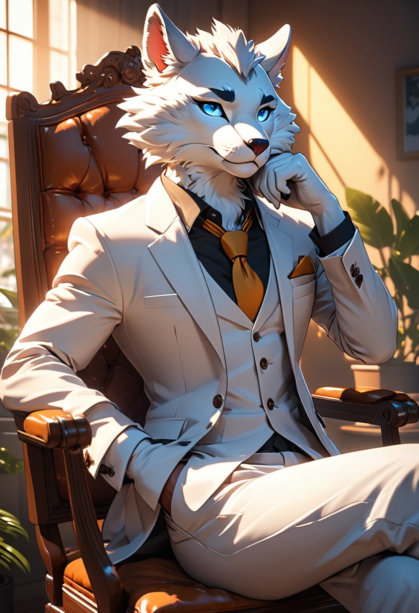 highres, top quality, best quality, paid reward available, High-quality illustrations, unparalleled masterpiece, salary man sitting on chair, fully posable, neutral pose, thinking pose(furry anthro)absurdres(highly detailed beautiful face and eyes)perfect anatomy, expression, caustics, dynamic lighting, lens flare, cinematic shadow, assorted poses, cinematic angle,
